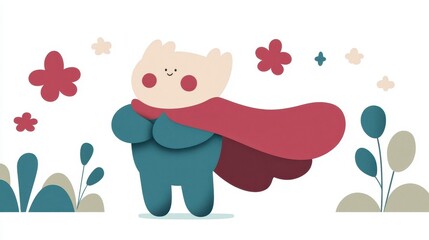 Cute Cartoon Creature in Cape in Pastel Garden