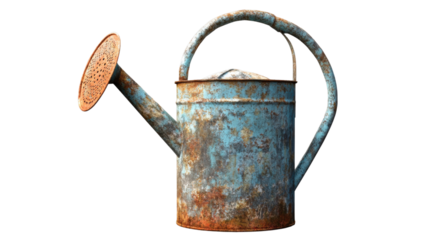 Weathered Watering Can: A vintage, weathered watering can in blue hue, bearing the marks of time and use, sits serenely, symbolizing the beauty of slow growth and nurturing.