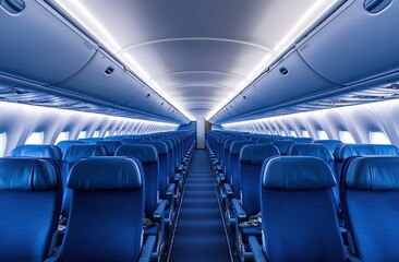 Fototapeta premium Empty Airplane Cabin Interior with Blue Seats and Bright Lighting
