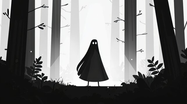 A haunting silhouette of a female ghost with long black hair standing in a foggy dark forest.