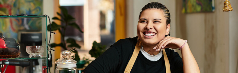 Young woman enjoying a joyful moment at a vibrant cafe showcasing her charming personality
