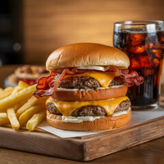 Double-Stacked Bacon Burger with Fries and Soda