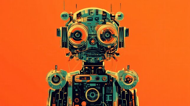 A vibrant illustration of a robot composed of various mechanical parts set against an orange background. Ideal for themes of technology, creativity, and engineering. illustration