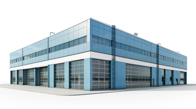 Modern Architecture: A modern industrial building showcases clean lines and a contemporary aesthetic, blending functionality with a sleek design, symbolizing progress and innovation.