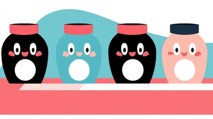 Obraz premium Cute Cartoon Penguins in Red Hats on Teal Shelf