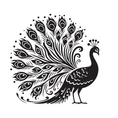 Black Color Peacock Silhouette Vector Illustration, Solid White Background