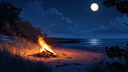 A bondfire on a beach outdoor at night. illustration