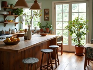 Wooden island table, lemon tree by the window, free bohemian style
