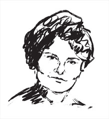 Vector illustration of woman. Person drawn with charcoal. Hand drawn. Short haircut. Untidy drawing. Portrait of woman. Doodle art. Creative drawing. Charcoal portrait drawing. Sketch in black patsel