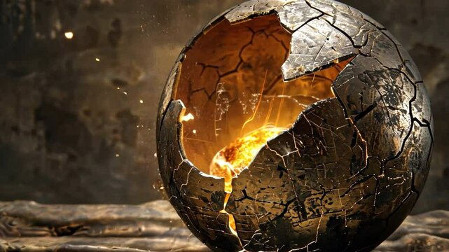 Cracked Metallic Sphere with Glowing Light Dramatic Visual Effect Showcasing Intricate Textures and Mysterious Allure