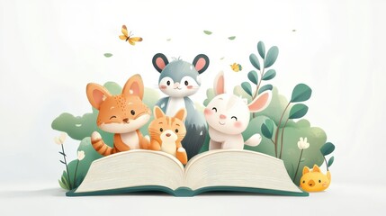 Adorable animals peeking from an open book, perfect for children's illustrations or educational themes. illustration