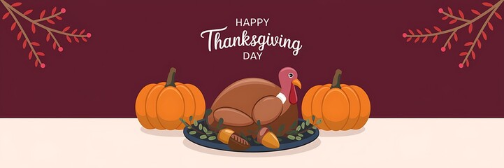 Festive Thanksgiving scene with a roasted turkey adorned with an acorn surrounded by green leaves two pumpkins and 'Happy Thanksgiving Day' text on a maroon background with red berries in the corner
