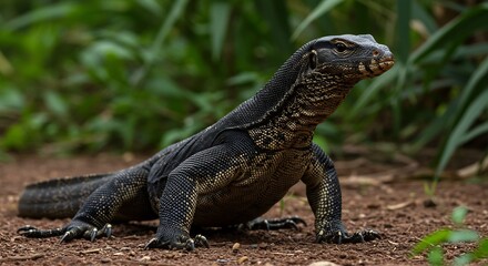 Black monitor lizard alert posture earthy tones. AI Generated