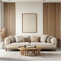 Minimalist living room with beige sofa, wooden accents, and a large empty frame.