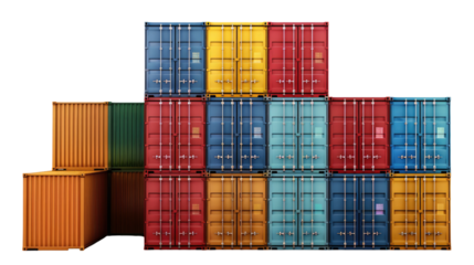 Shipping containers: A striking display of vibrant, colorful shipping containers stacked high, signifying global trade and logistics. The image showcases the interplay of form, texture, and color