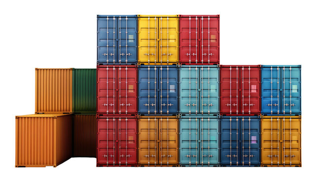 Shipping containers: A striking display of vibrant, colorful shipping containers stacked high, signifying global trade and logistics. The image showcases the interplay of form, texture, and color