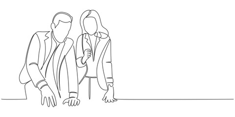 Continuous line art drawing of business man and business woman discussion. employe line art style drawing vector illustration