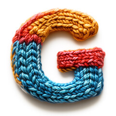 Colorful G Shaped Yarn Knitting Design with Warm Textures and Vivid Colors on White Background