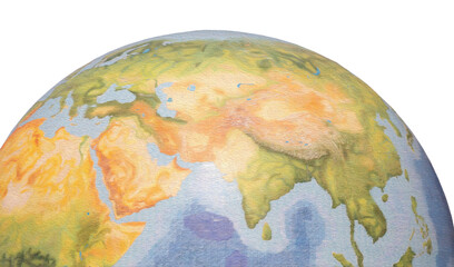 Globe map of Earth focused on the Middle East, Central Asia, and South Asia, with geographical details.
