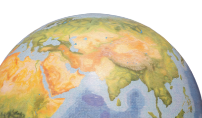 Globe map of Earth focused on the Middle East, Central Asia, and South Asia, with geographical details.
