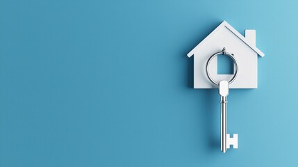 A real estate concept image featuring a silver key with a house-shaped keychain on a blue gradient background. Space for branding or messaging.