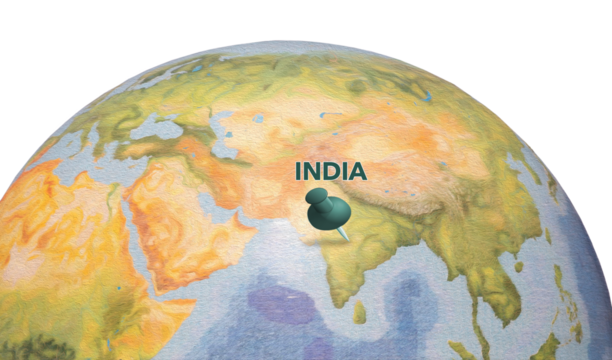 Word "India" pinned on the global map of Earth (other global regions include Central Asia, South Asia, Middle East, Africa).
