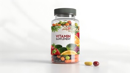 This image showcases a bottle of vitamin supplements with a label that reads "Vitamin Supplement"
