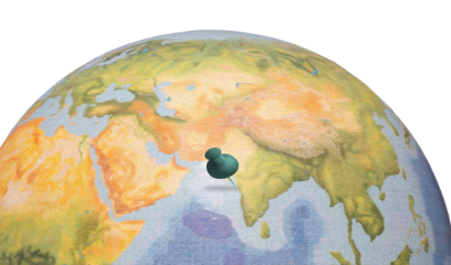 Globe map of Earth with the pin on Mumbai, the large city in India (other global regions include Central Asia, South Asia, Middle East).
