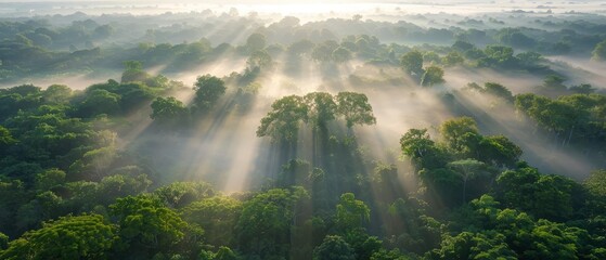 Aerial view of a lush green forest at dawn, with sunlight filtering through misty trees, creating a serene atmosphere