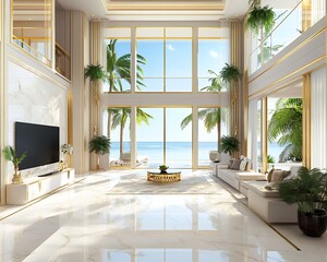 Oceanfront Living Room with Marble Floors and Gold Accents