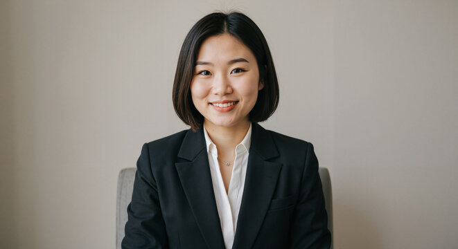 Job candidate smiling in a professional suit against a neutral background  