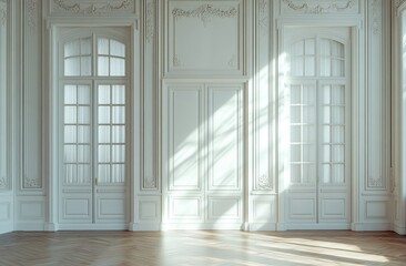 Fototapeta premium Sunlit White Room with Ornate Walls and French Doors