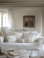 Shabby chic style cottage living room with white linen sofa