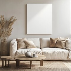 Minimalist living room with beige sofa, wooden coffee table, and blank canvas.
