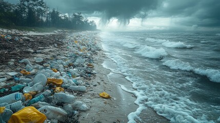 Polluted Beach Scene with Plastic Debris in Ocean Waves and Gloomy Atmosphere