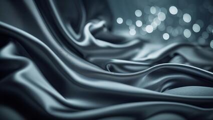 Fototapeta premium Elegant black silk fabric draping softly with glimmering lights in the background during a serene evening setting