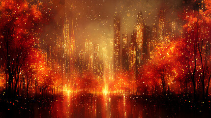 Cityscape at night glows orange in the autumn, reflecting on water