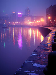 Cityscape at night, water reflects pink and orange lights under a misty sky