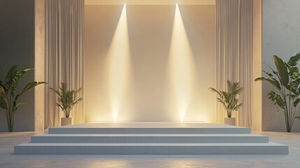 Background view of an event stage with bright lighting and minimal decor.