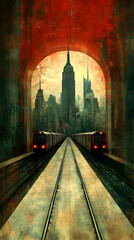Cityscape beyond tunnel with trains
