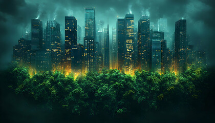 Cityscape rises above lush forest in dreamy, surreal juxtaposition