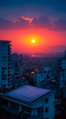 Cityscape under a colorful sunset, with solar panels on a rooftop