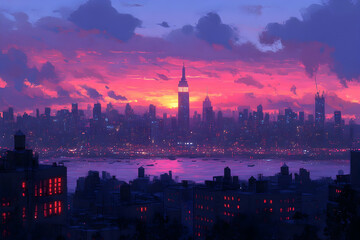 Cityscape silhouette Vivid sunset, buildings and river