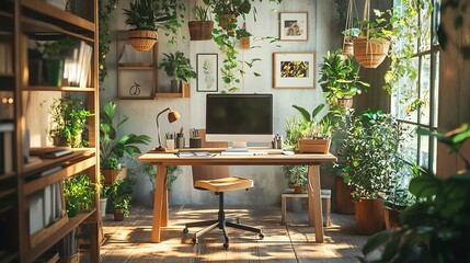 A workspace surrounded by hanging plants and wooden furniture