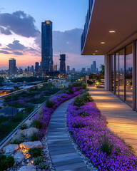 Cityscape view from rooftop garden with purple flowers under twilight sky