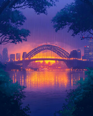 Cityscape with an arched bridge illuminated during dawn framed by branches
