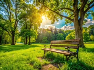 Fototapeta premium A sun-drenched park panorama: empty bench, inviting copy space, lonely yet scenic.