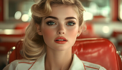 Classic beauty portrait Blonde woman with retro-style hair and makeup sitting on a red seat