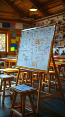 Classroom Easel displays diagrams amid desks and books in a warm, bright interior