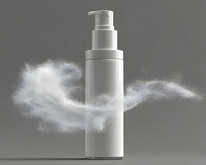 Clean cosmetic bottle with pump encircled in white powder on gray